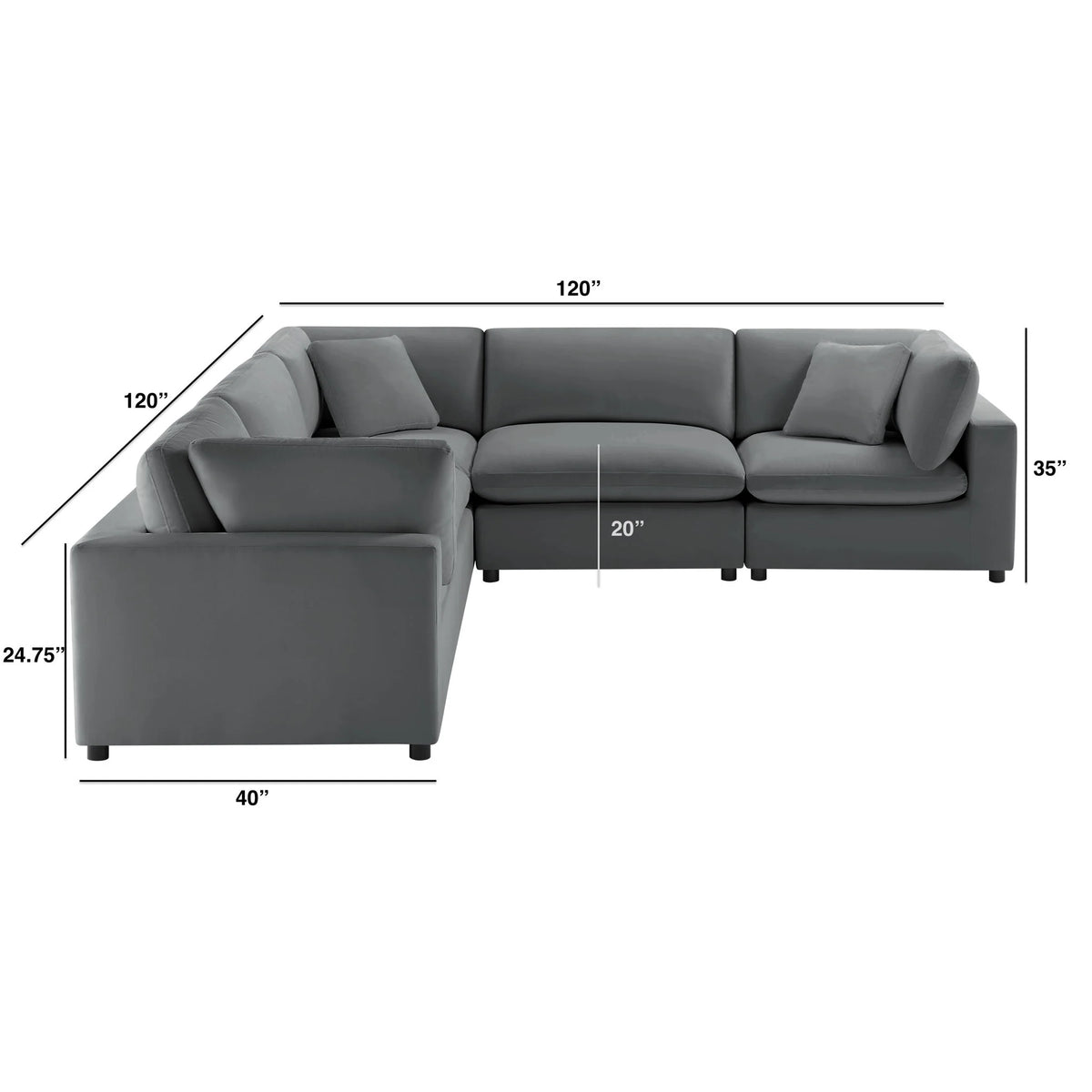 Dimension chart for the Caylie charcoal L-shaped sectional showing 120-inch sides