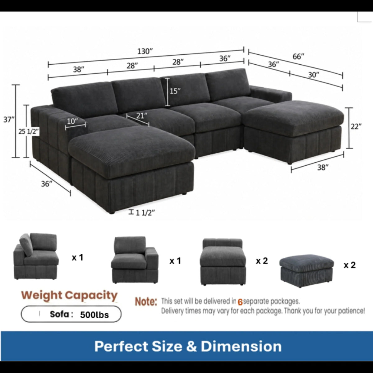 Dimension and component chart for a dark gray modular sofa with two ottomans