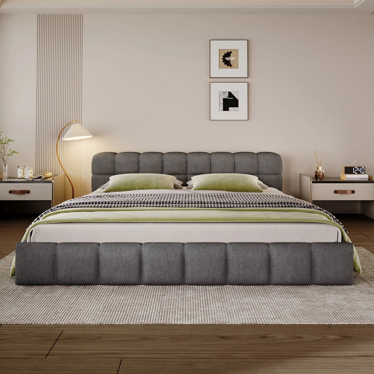 Front view of a dark gray upholstered bed with checkerboard padded headboard and footboard in a bedroom