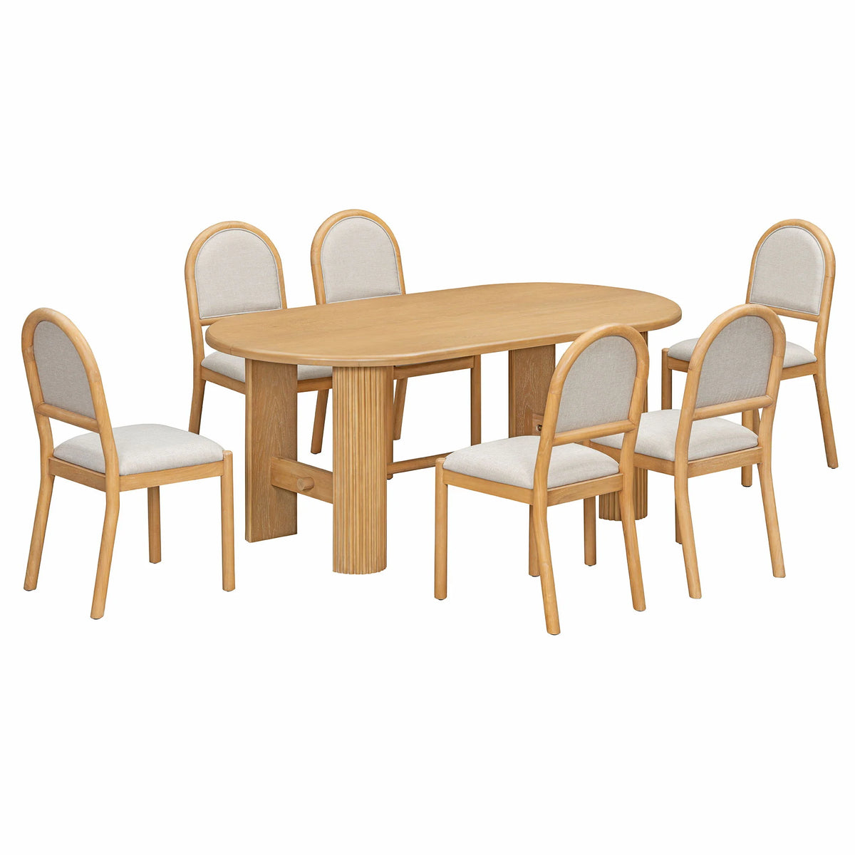 Oval wood dining table set with six beige upholstered chairs