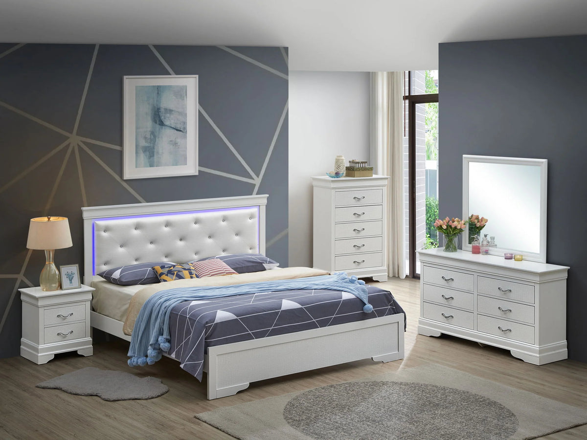 Champagne queen panel bed with tufted LED headboard