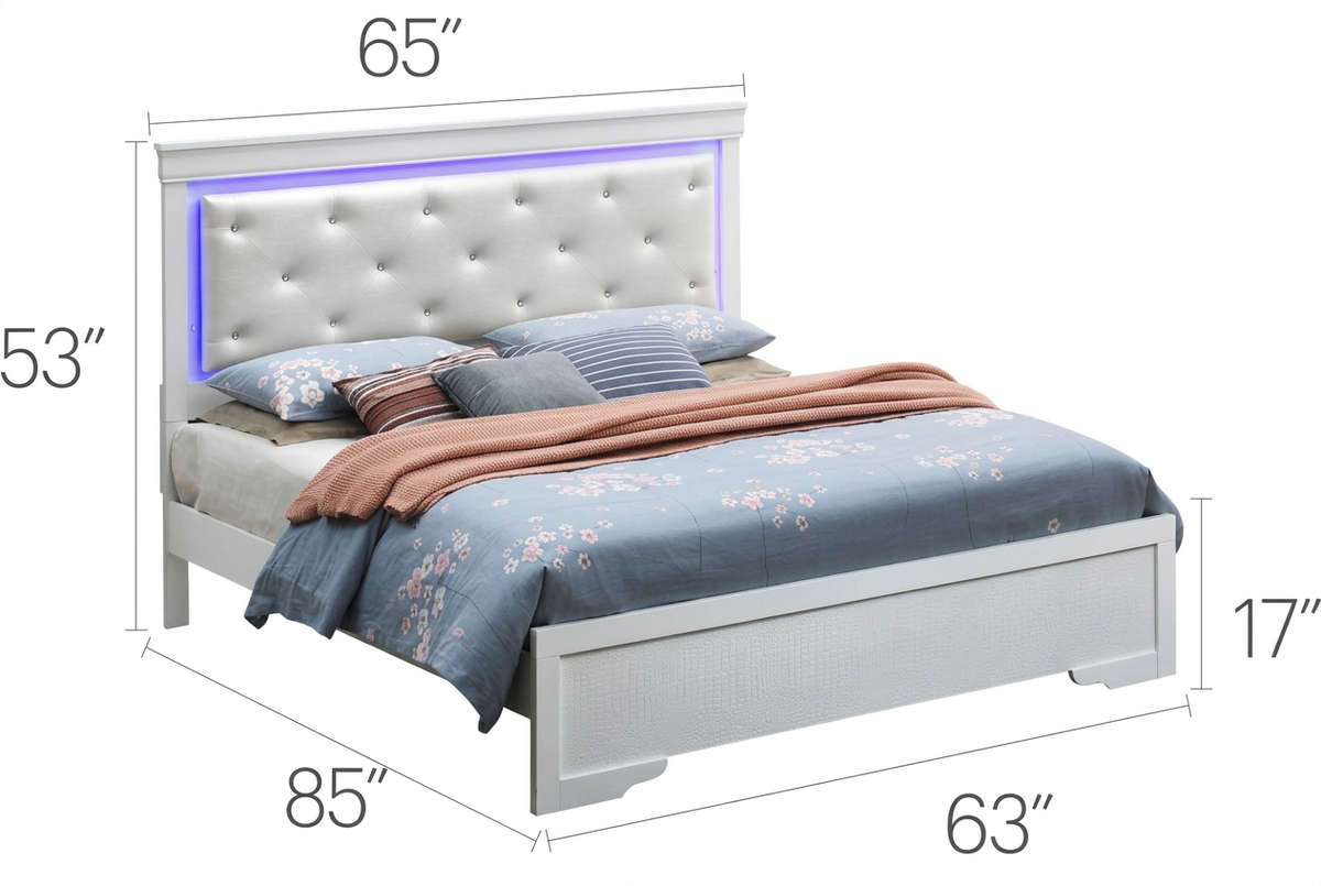 Dimension chart for the champagne queen panel bed with an illuminated tufted headboard