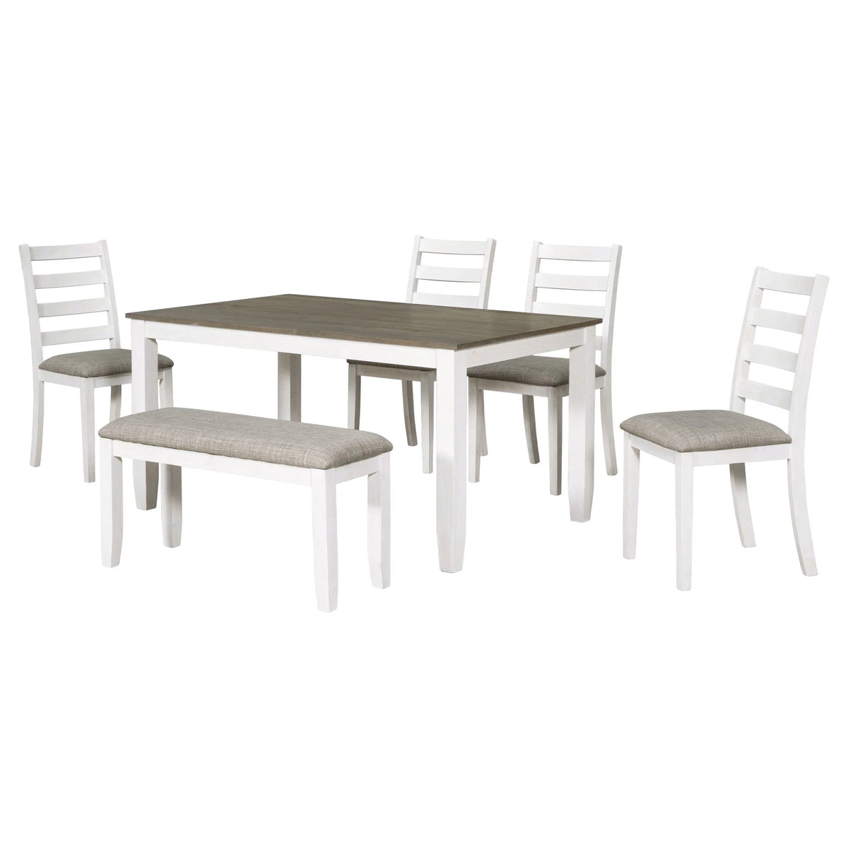 Whitewash and brown 6 piece dining set with upholstered chairs and bench