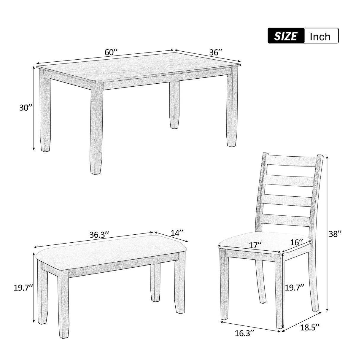 Dimension drawings for the brown and whitewash dining table, ladder-back chair and upholstered bench
