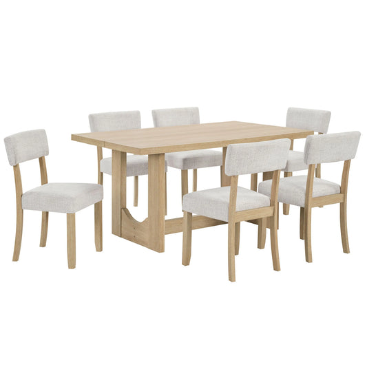 Light oak rectangular dining table with six beige upholstered chairs