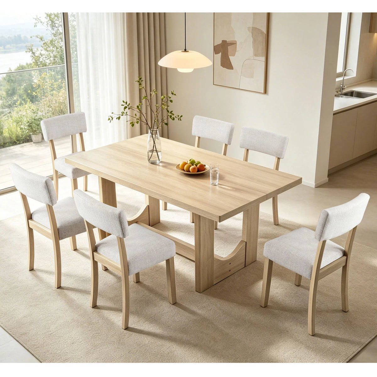 Overhead view of the light oak dining table and six upholstered chairs