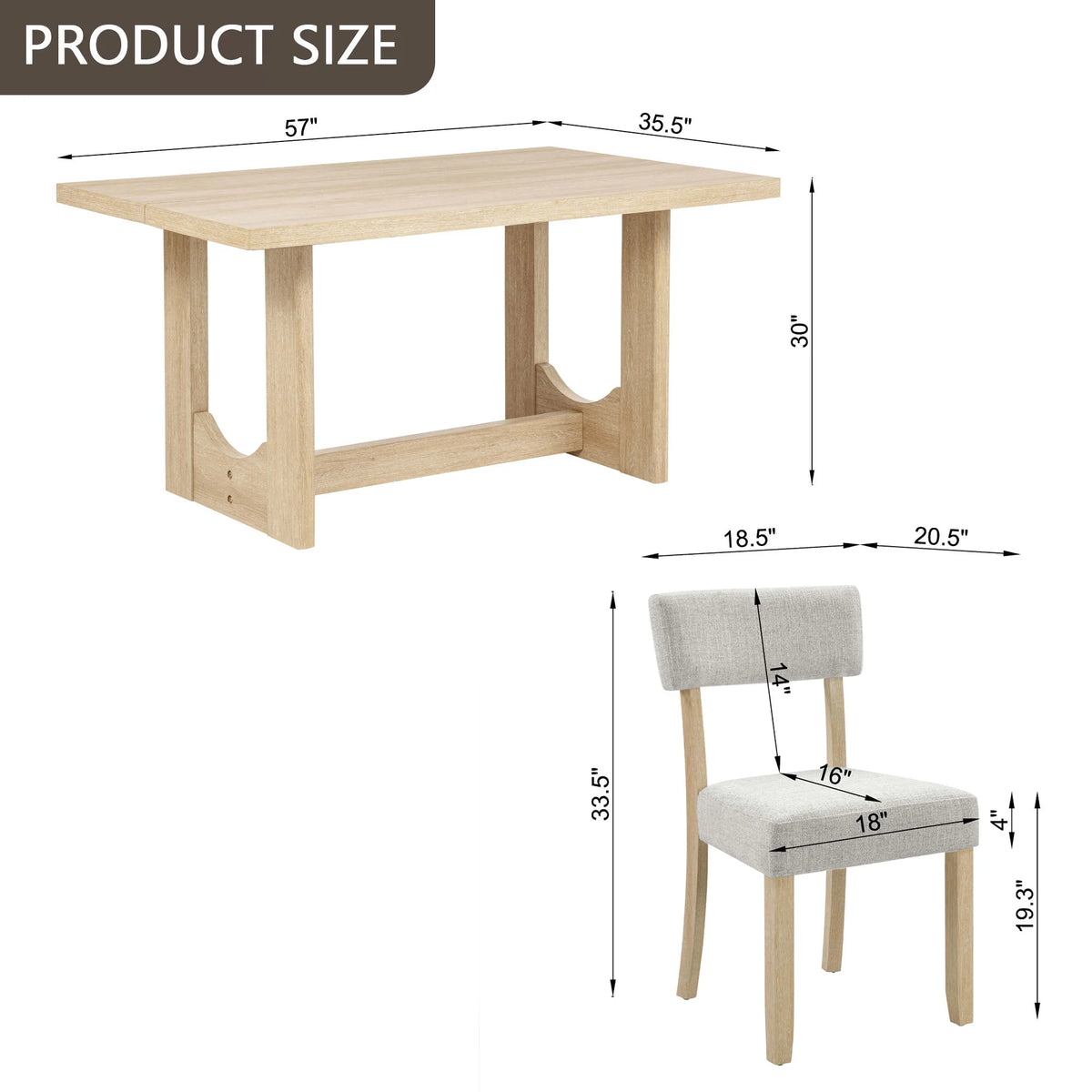 Dimension chart for the light oak trestle dining table and upholstered dining chair
