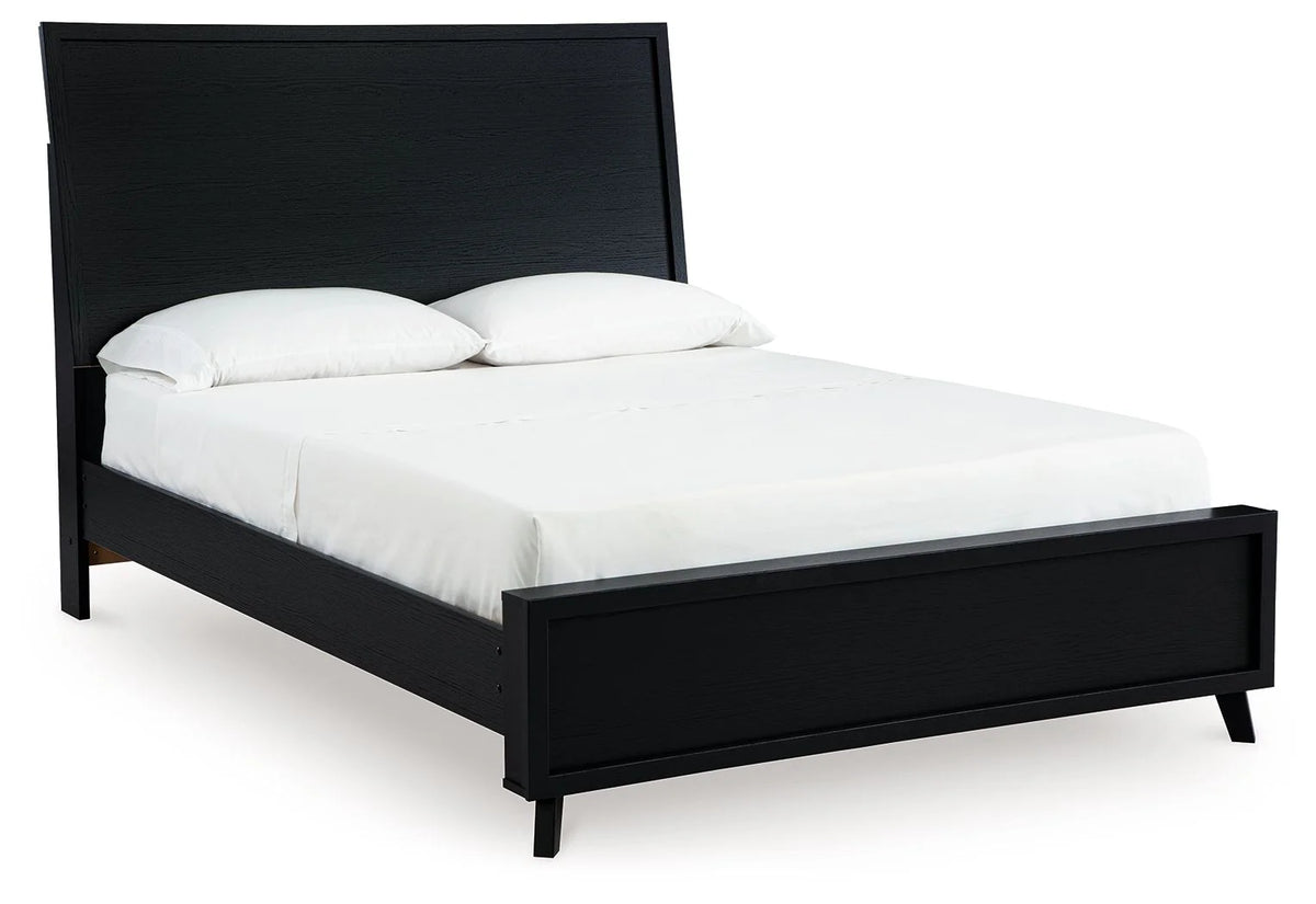 Black Danziar panel bed with matte woodgrain texture
