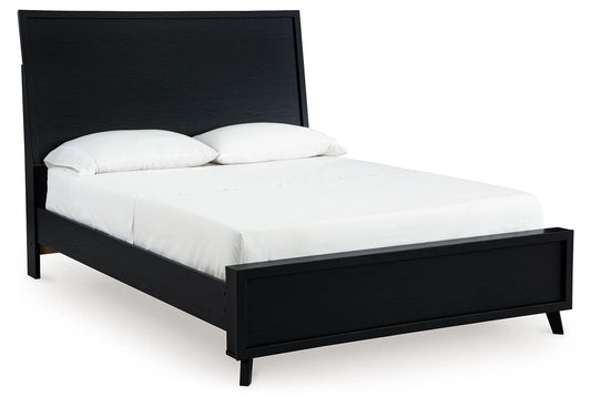 Black Danziar panel bed with matte woodgrain texture