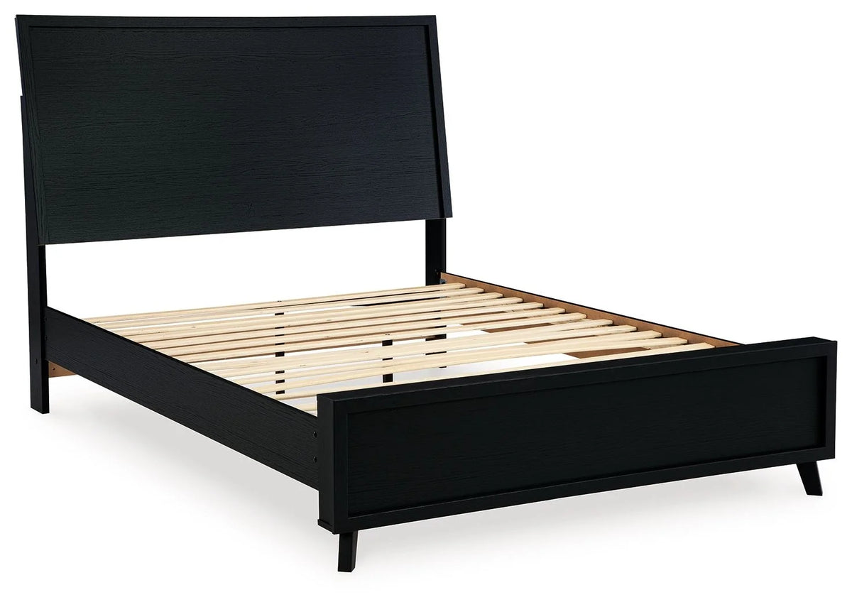 Danziar black bed frame with exposed support slats on a white background