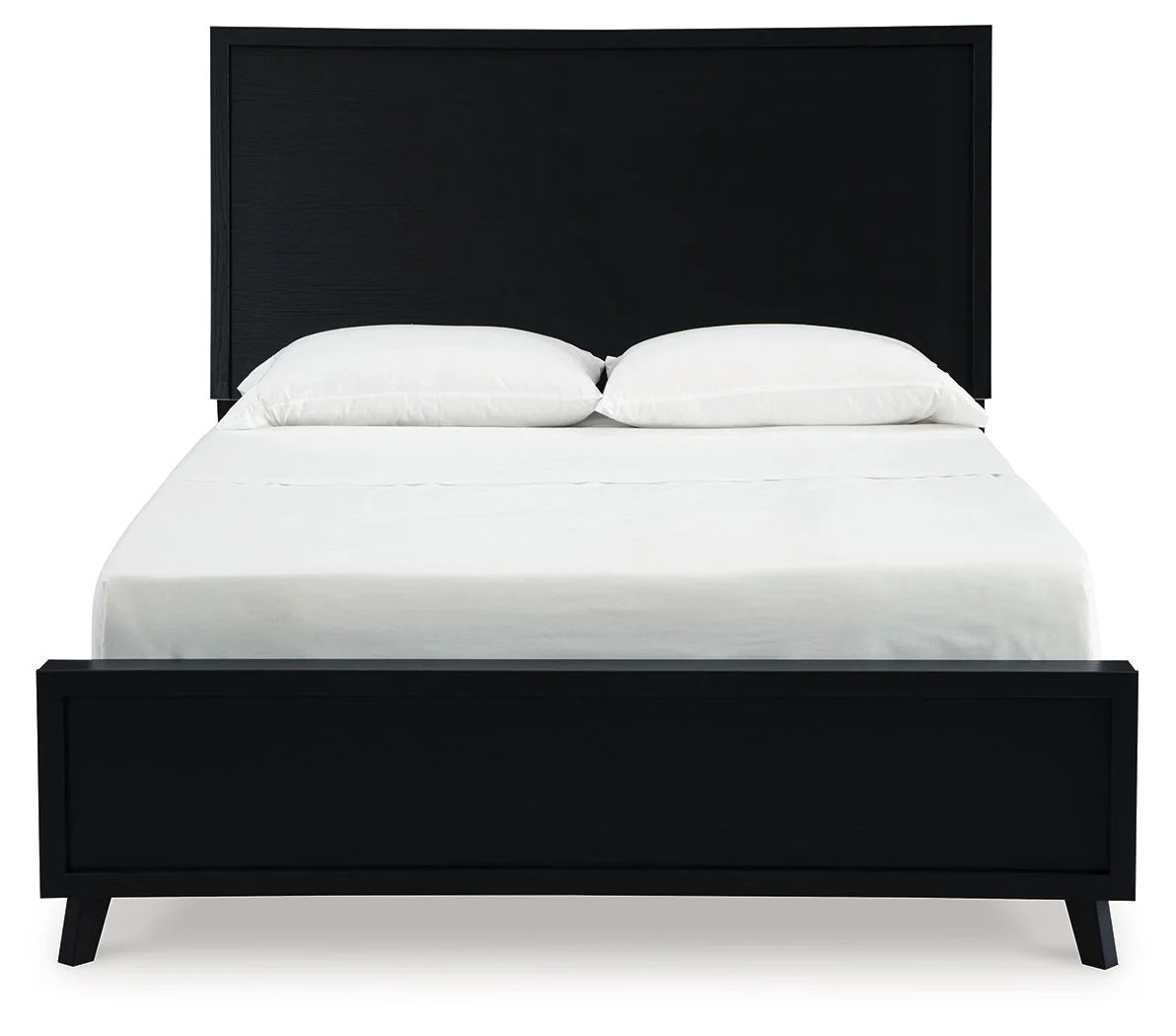 Front view of the Danziar black panel bed with white bedding