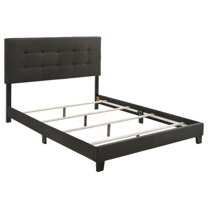 Charcoal upholstered Eastern king panel bed with structured panel design
