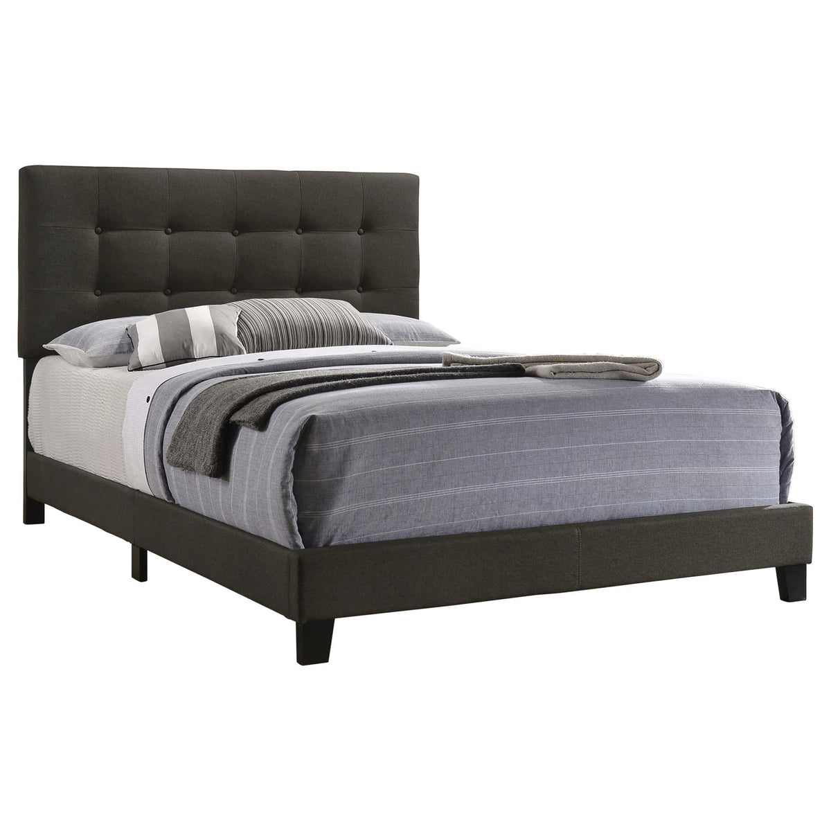 Angled view of the Dordrecht charcoal upholstered bed on a white background