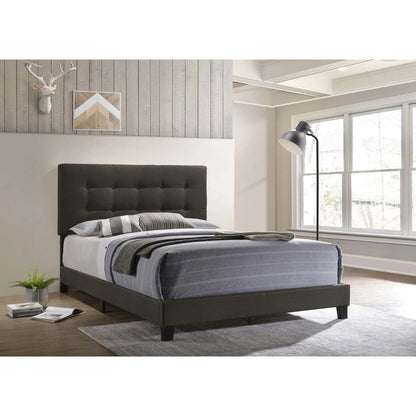Dordrecht charcoal upholstered bed with a button-tufted headboard in a bedroom