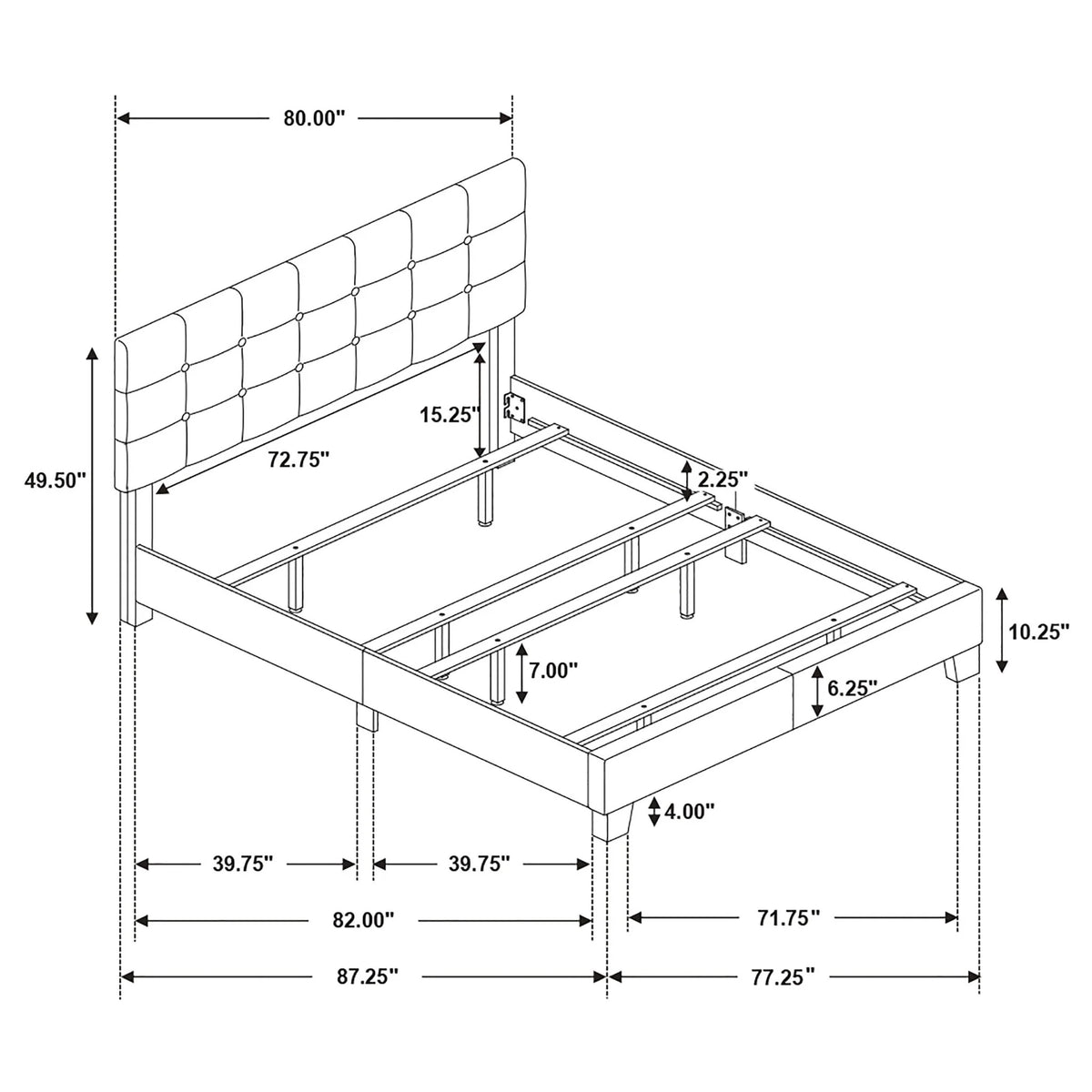 Dimension drawing of the Dordrecht bed frame and button-tufted headboard
