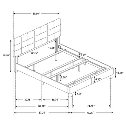 Dimension drawing of the Dordrecht bed frame and button-tufted headboard