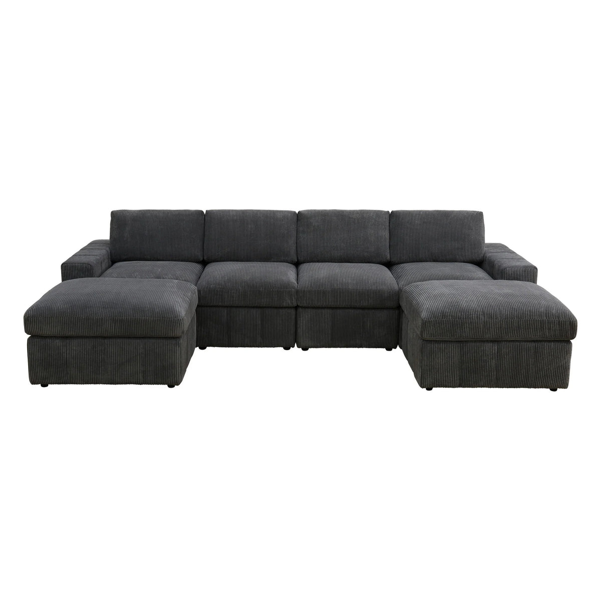 Dark gray modular sofa with matching ottomans at both ends on a white background