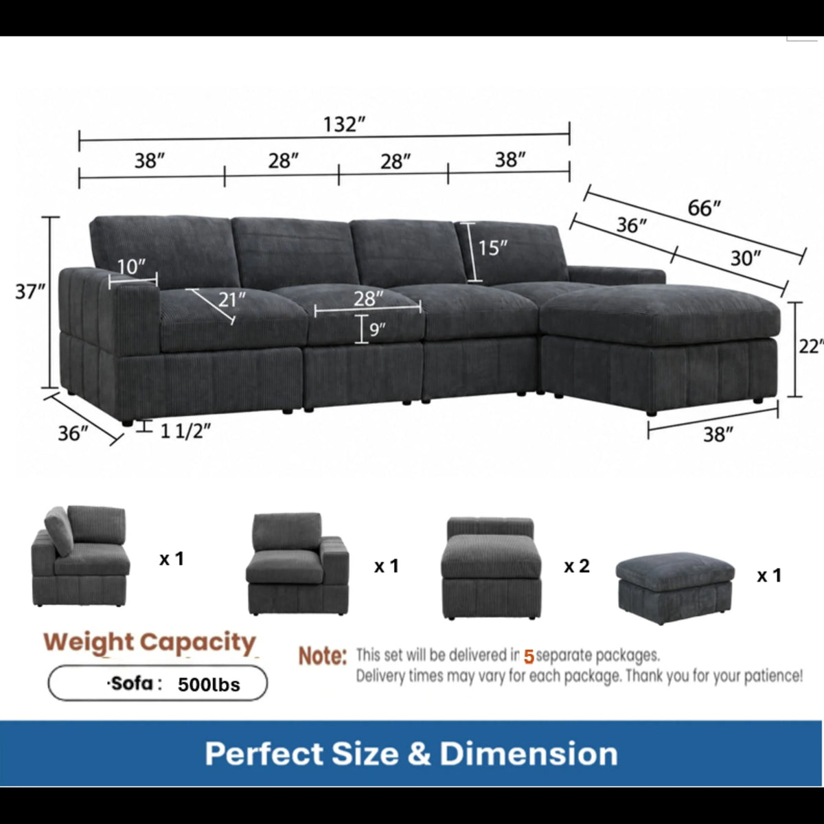 Dimension and component chart for a dark gray modular sofa with one ottoman