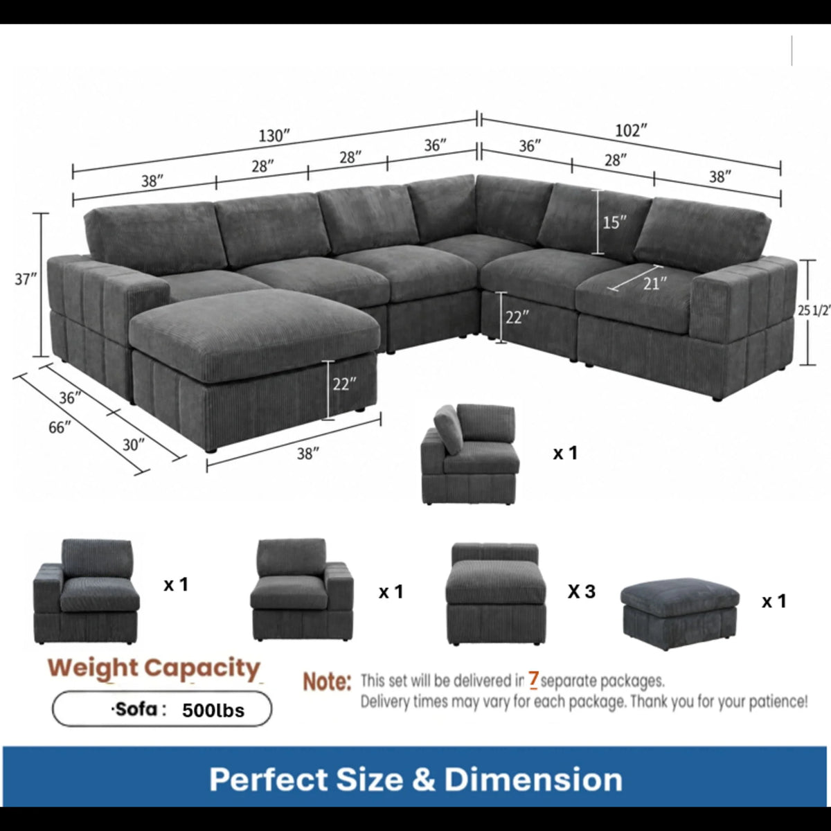 Dimension and component chart for a dark gray corner sectional with one ottoman