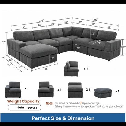 Dimension and component chart for a dark gray corner sectional with one ottoman