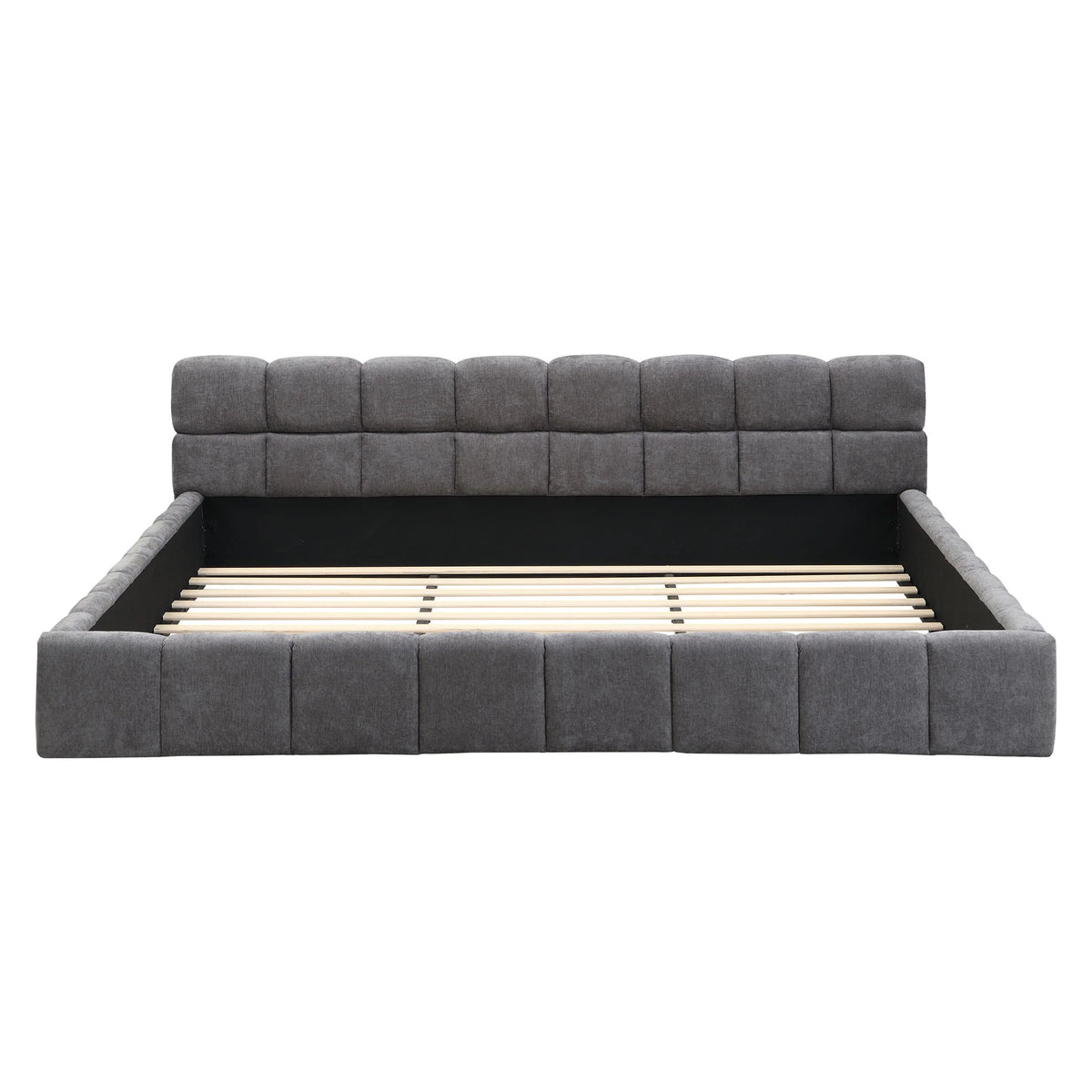 Gray fabric upholstered bed with checkerboard headboard