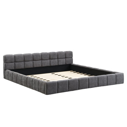 Dark gray checkerboard upholstered bed frame with exposed wooden support slats on a white background