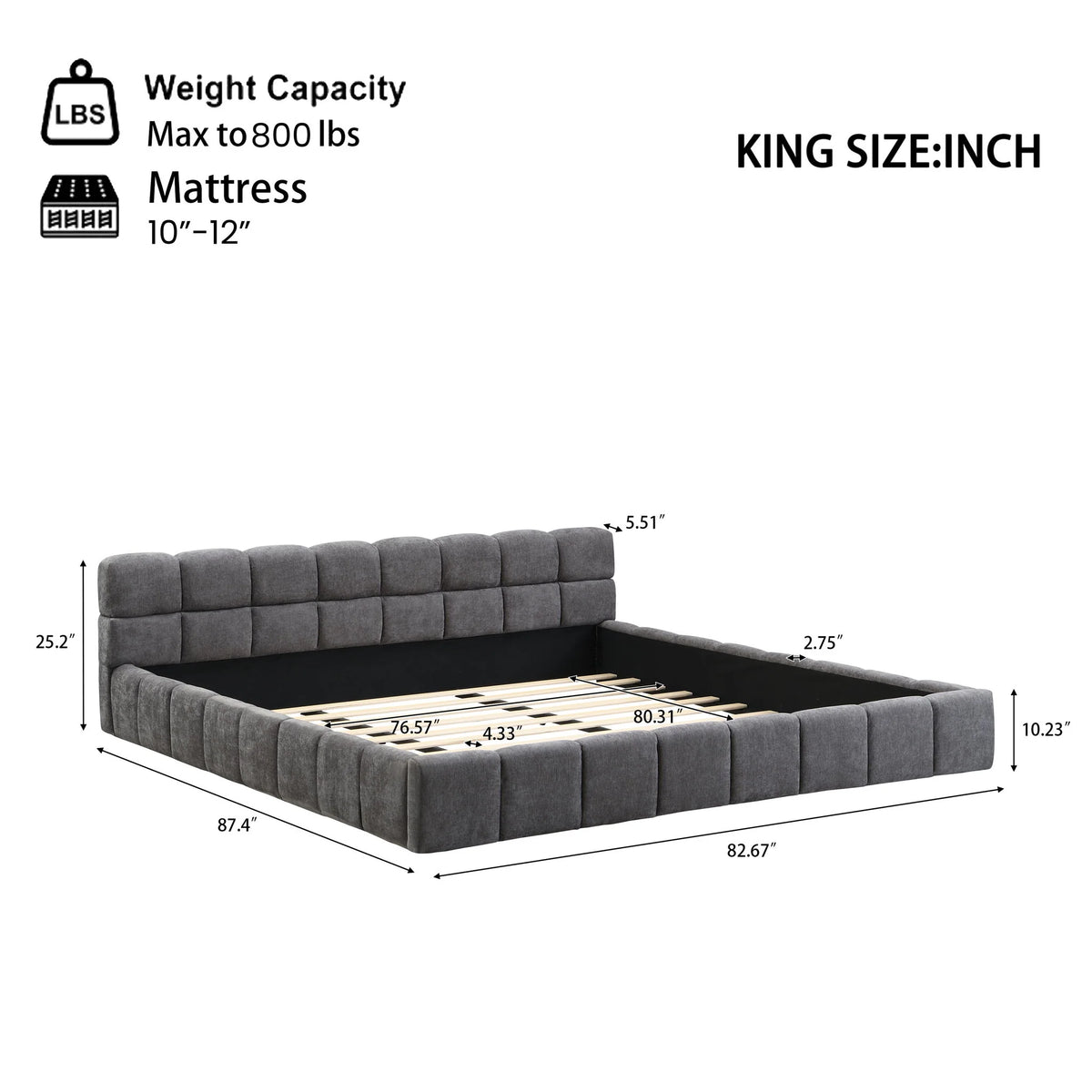 King checkerboard upholstered bed dimension chart with mattress thickness and weight capacity information