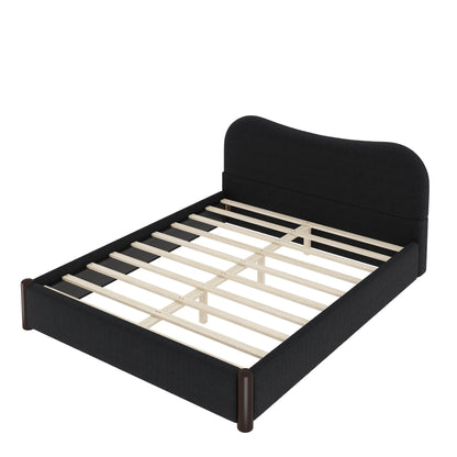 Black fabric upholstered platform bed with wooden slats
