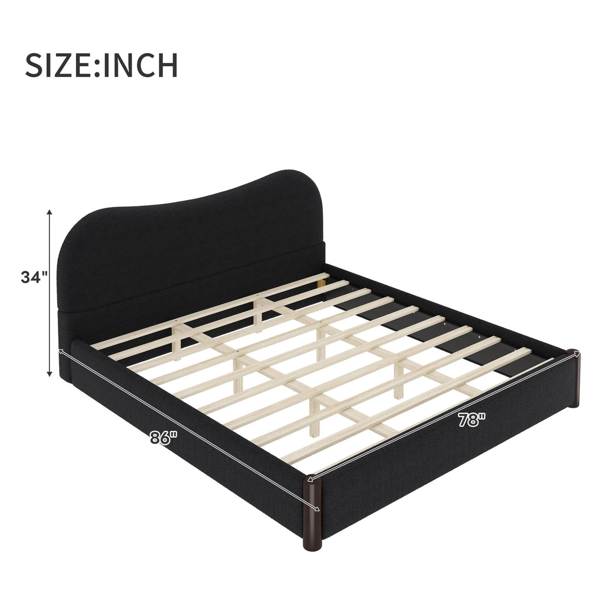 Dimension chart for the black upholstered platform bed showing the curved headboard and wooden slats