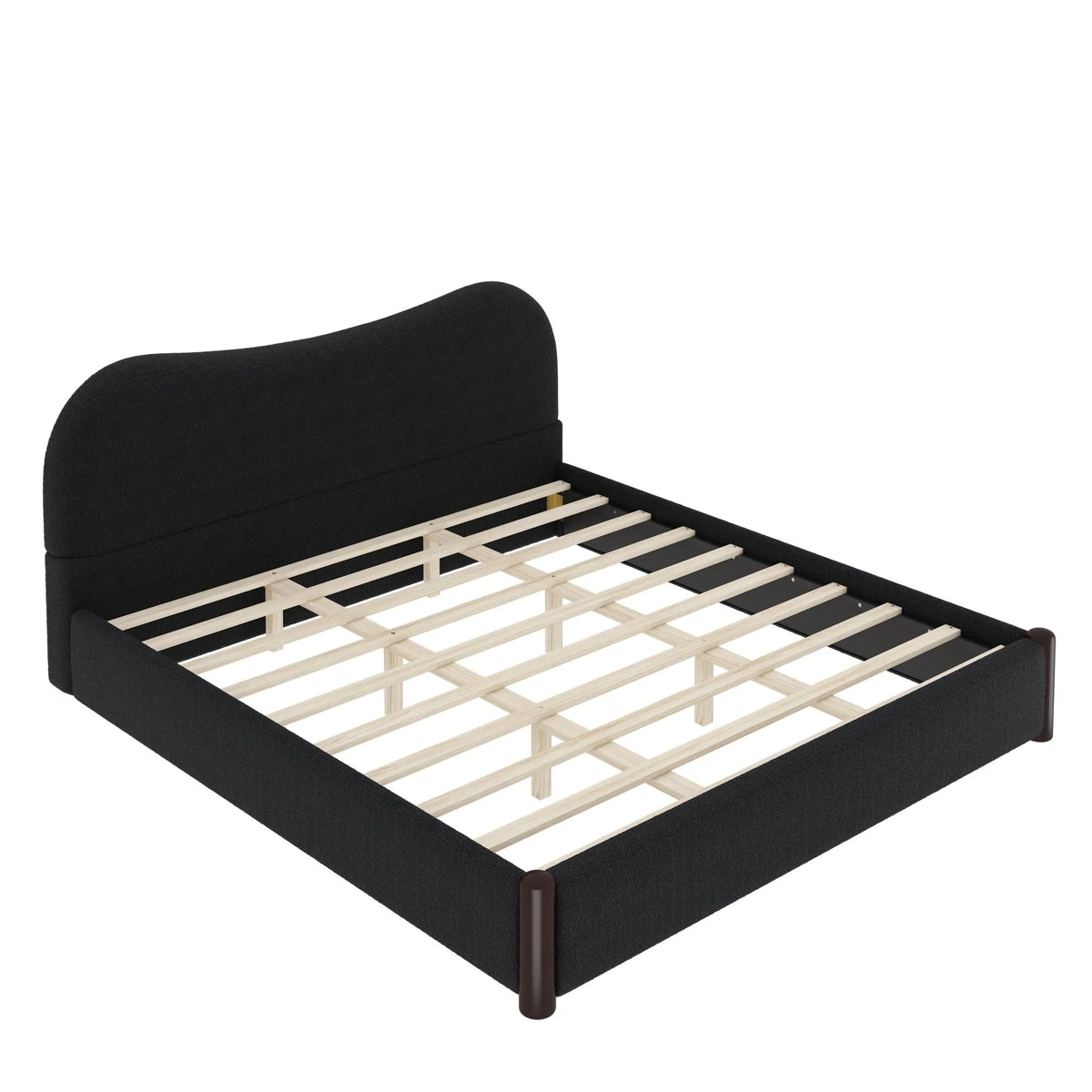 Black upholstered platform bed frame with a curved headboard and exposed wooden slat support