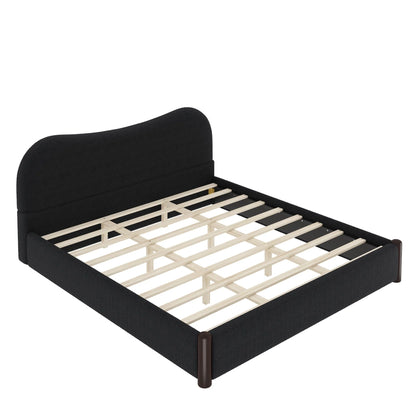 Black upholstered platform bed frame with a curved headboard and exposed wooden slat support