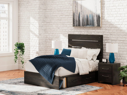 Hollivern dark gray storage bed with a slatted headboard, side drawers and an open cubby in a bedroom