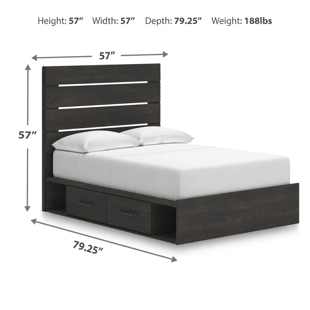 Dimension chart for the Hollivern full storage bed with a tall slatted headboard