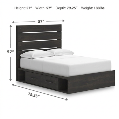 Dimension chart for the Hollivern full storage bed with a tall slatted headboard