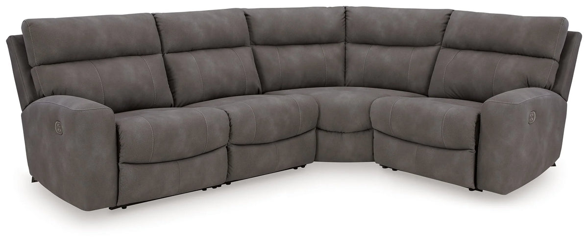 Slate faux leather 4-piece power reclining sectional with contrast stitching