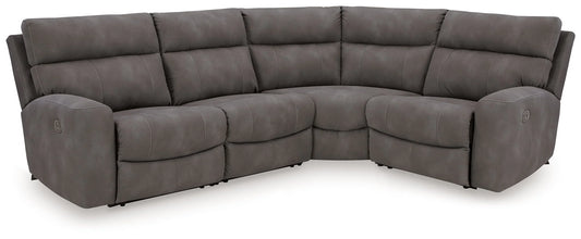 Slate faux leather 4-piece power reclining sectional with contrast stitching