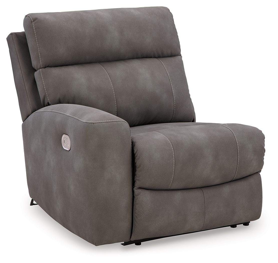 Angled view of a slate Next-Gen Durapella sectional end seat with side power control