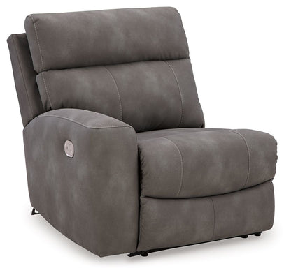 Angled view of a slate Next-Gen Durapella sectional end seat with side power control