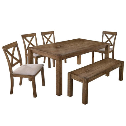 Oak dining set with table, bench and four X-back chairs