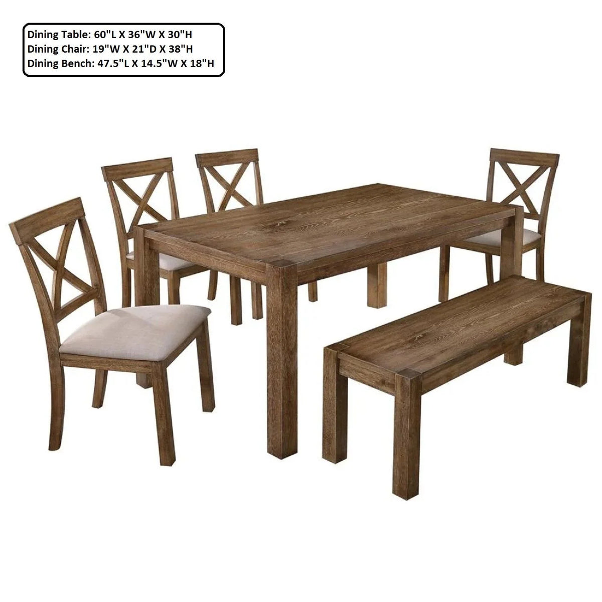 Dimension chart for the antique oak dining table, X-back chair and bench