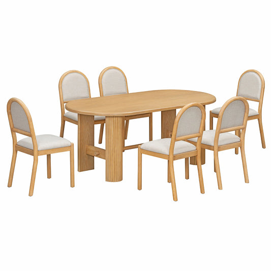 Oval wood dining table set with six beige upholstered chairs