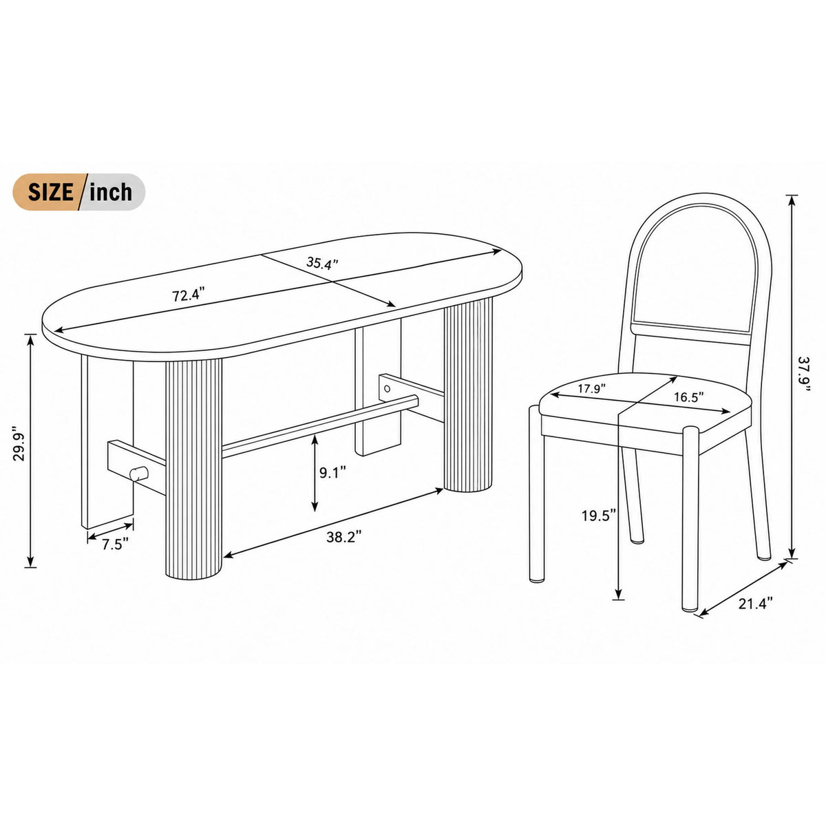 Dimension drawings of the oval dining table with fluted supports and round-back dining chair