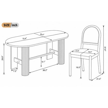 Dimension drawings of the oval dining table with fluted supports and round-back dining chair