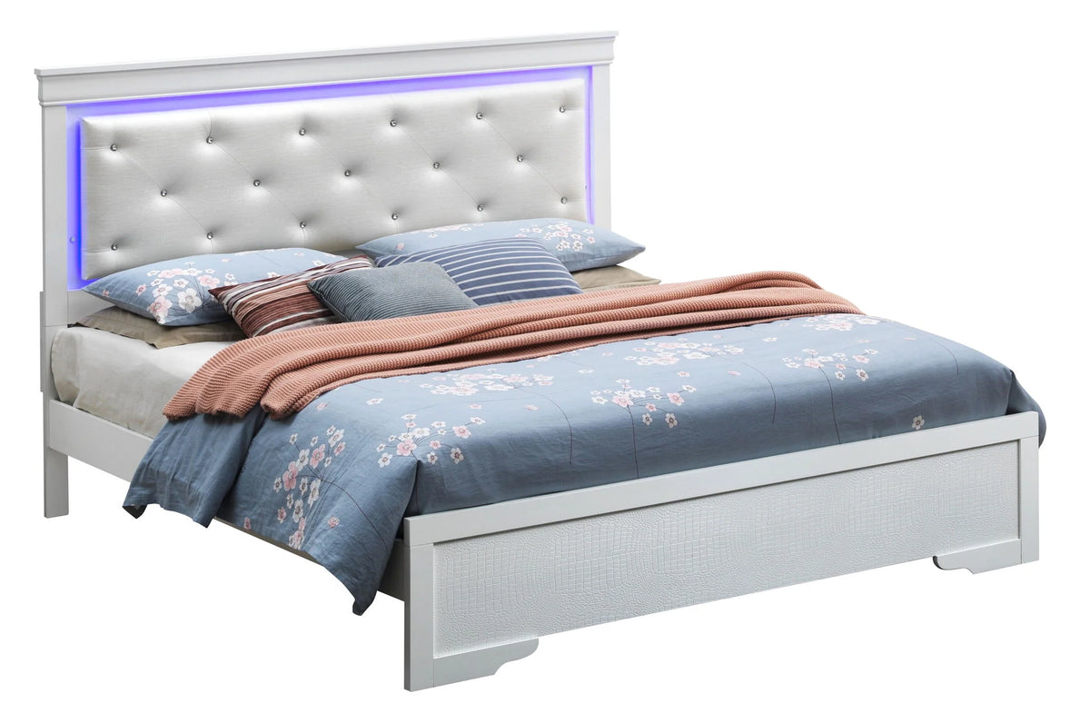 Champagne queen panel bed with blue-purple headboard lighting and blue bedding on a white background