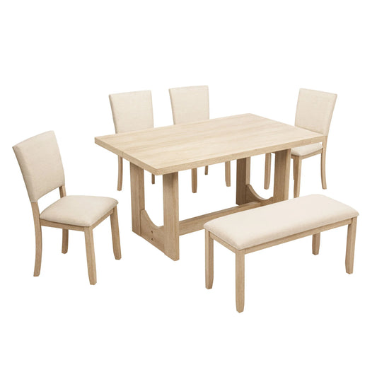 Light oak rectangular dining table with upholstered chairs and bench