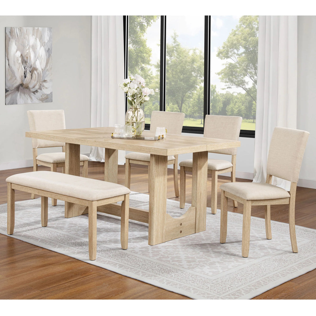 Light oak trestle dining table with four cream upholstered chairs and a matching cushioned bench