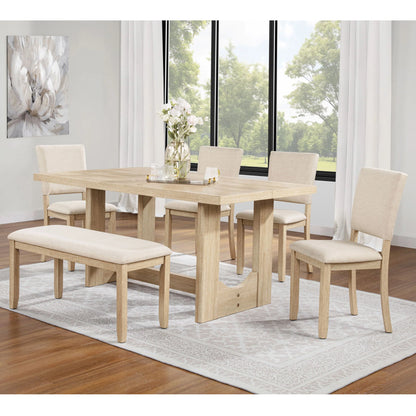 Light oak trestle dining table with four cream upholstered chairs and a matching cushioned bench