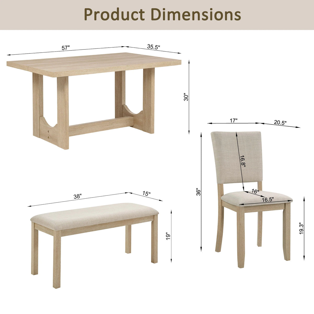 Dimension chart for the light oak trestle dining table, upholstered chair and bench
