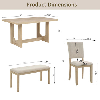 Dimension chart for the light oak trestle dining table, upholstered chair and bench
